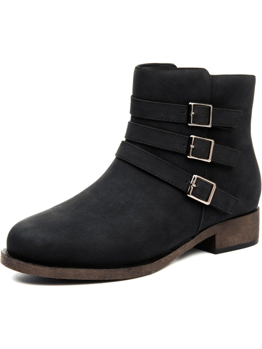 Women's Black Ankle Boots Chunky Heel Zipper Booties Faux Leather Round Toe